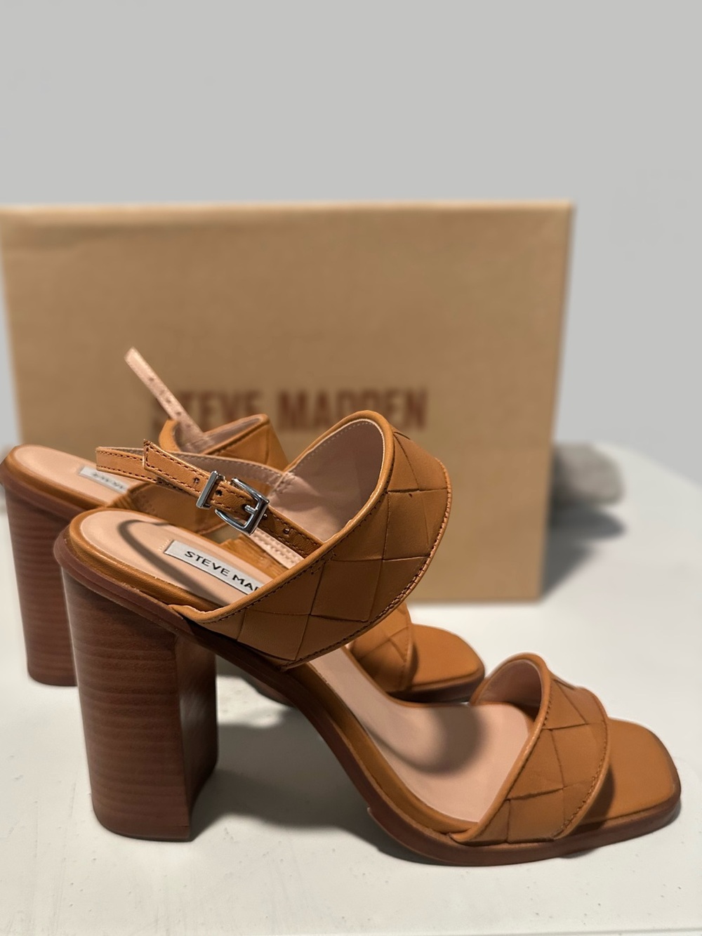 Steve Madden Cognac Quilted Block Heel Sandal - Picture 2 of 7